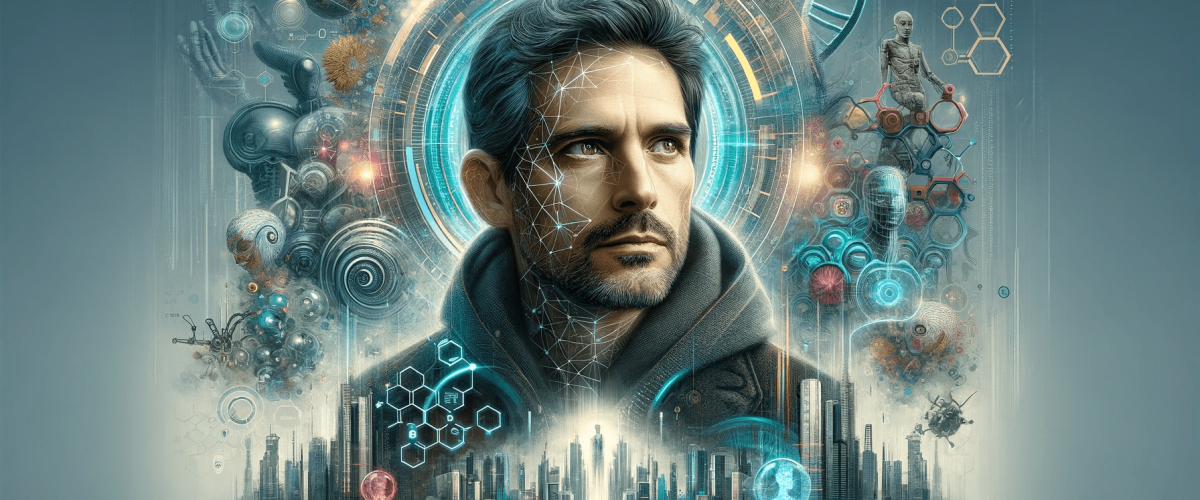 DALL·E 2024-02-02 16.50.07 - Portrait of Christian Kromme, depicted as a futuristic thinker surrounded by symbols of innovation and technology. The image captures Kromme in a thou