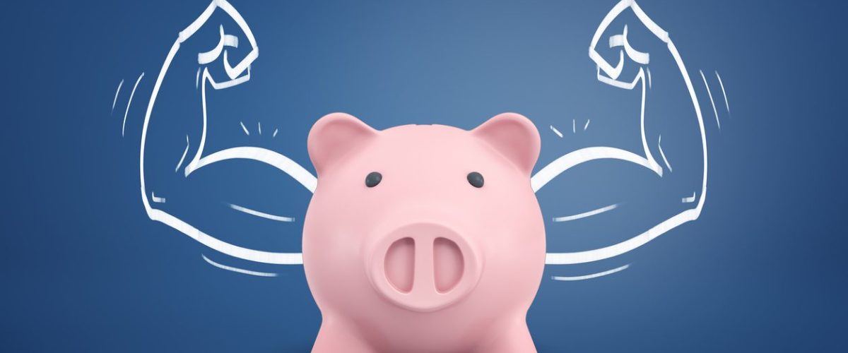 3d rendering of a piggy bank front view with strong arms drawn on both sides on a blue background. Money is power. Banking and finance. Successful business.